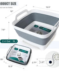 Collapsible Dish Basin With Drain Plug 2.4 Gal Foldable Sink For Kitchen RV Camping Gray with measurements and drain detail.