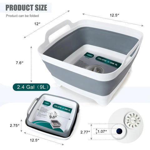 Collapsible Dish Basin With Drain Plug 2.4 Gal Foldable Sink For Kitchen RV Camping Gray with measurements and drain detail.