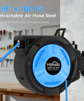 Retractable 3/8 Inch By 100 Foot Hybrid Air Hose Reel With 6.5 Foot Lead-In, mounted on wall, 180 Degree Swivel Bracket