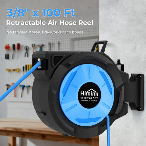 Retractable 3/8 Inch By 100 Foot Hybrid Air Hose Reel With 6.5 Foot Lead-In, mounted on wall, 180 Degree Swivel Bracket