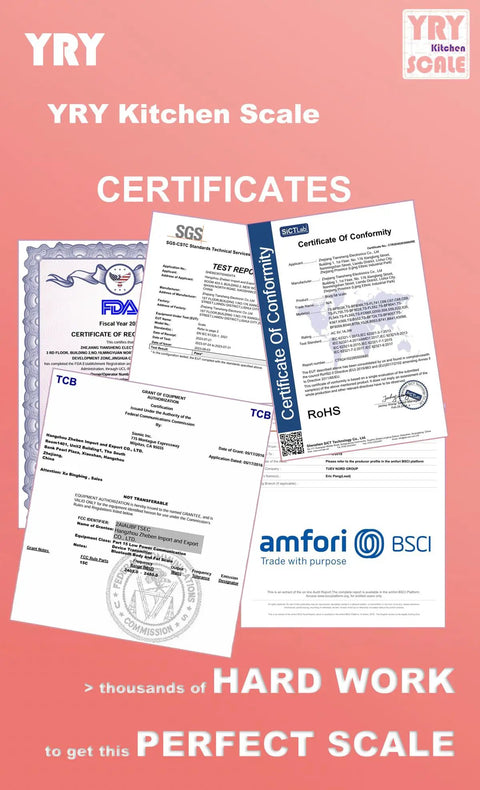 Certification documents for YRY Pink Kitchen Scale With Large LCD Display And Tare Function 11 Lb Capacity 0.03 Oz Graduation