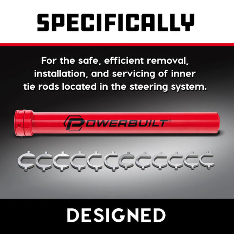 Master Inner Tie Rod Removal Tool Kit 13 Pieces For Steering And Suspension with red bar and adapters on display.