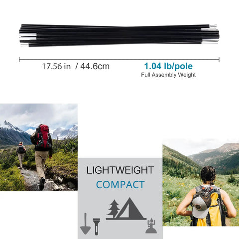 Replacement Tent Poles Three Eighths Inch Nine Point Five Millimeter Fits Male And Female Ends Lightweight Aluminum Alloy Tent Pole Repair Kit 7001 Aluminum Twenty Feet One Pole Pack For Camping Gear And Tents showing folded poles and backpackers in nature