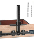 Heavy Duty All Aluminum Cabinet Hardware Jig With Three Precision Point Drill Bits For Straight Up Door Hinge Positioning And Top Tier Diy Woodworking Crafts, showing measurement scale and drill alignment.