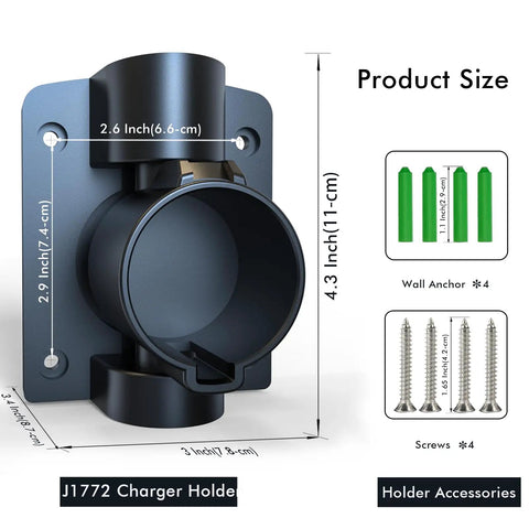 Badass Wall Mount J1772 EV Charger Holder with dimensions showing 4.3 inches in height and 3 inches in width.