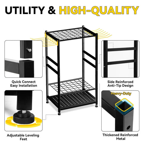 Heavy Duty Garden Tool Organizer Rack With 48 Long Handled Tool Slots And Side Hooks For Rakes Shovels Brooms And Other T Handle Tools Space Saving Steel Outdoor Yard Tool Holder For Garage Or Shed with reinforced design features