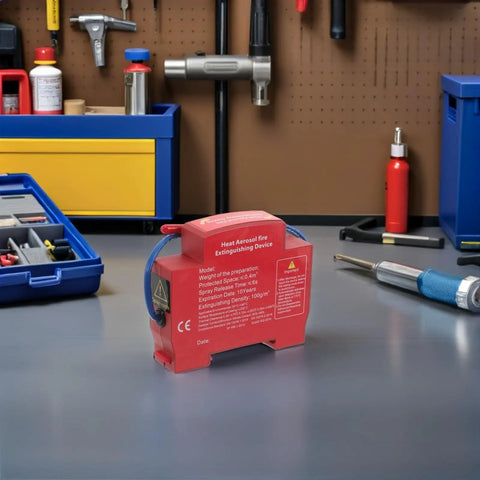 Slick Automatic Aerosol Fire Extinguisher With Smart Sensor Detection Strong Adhesive Backing Road Ready in workshop setting.