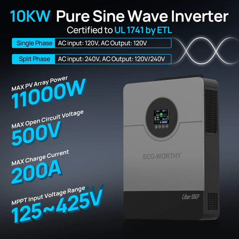 Heavy Duty 10000W 48V Off Grid Solar Inverter Beast Mode Powerhouse With Dual MPPT Controllers And 200A Fast Charging For RV Cabin, showing specifications and design.