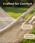 Close-up of hand-woven cotton rope netting on Two Person Hammock 79 By 59 Inches Cotton Rope Outdoor Camping Hammock With 550 Lb Weight Capacity