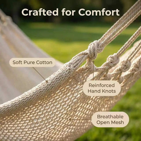 Close-up of hand-woven cotton rope netting on Two Person Hammock 79 By 59 Inches Cotton Rope Outdoor Camping Hammock With 550 Lb Weight Capacity