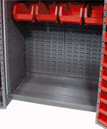 Interior view of Deep Door Bin Cabinet With 68 Red Plastic Bins Padlockable Steel Cabinet For Tool And Parts Storage
