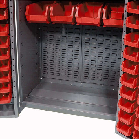 Interior view of Deep Door Bin Cabinet With 68 Red Plastic Bins Padlockable Steel Cabinet For Tool And Parts Storage
