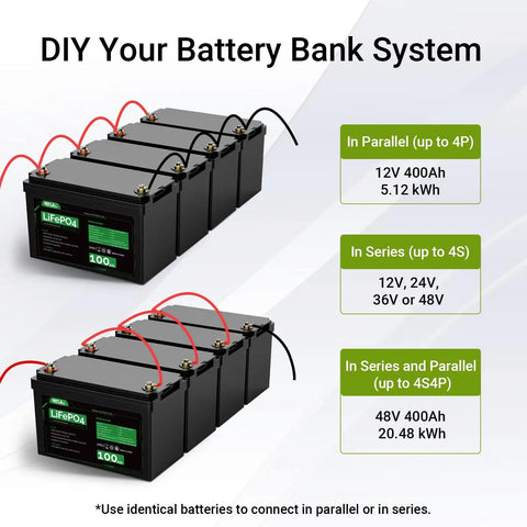 Diagram showing battery bank system with 12V 100Ah LiFePO4 Battery With Built In BMS For RV Off Grid Solar Trolling Motors And Marine Use