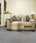 Living room with sofa on 20 Pack Commercial Carpet Tiles 20x20 Inches Reusable Carpet Squares with Stickers PVC Backed Floor Tiles