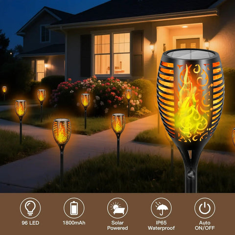 4 Pack 96 LED Solar Tiki Torches With Flickering Flame 43 Inch Tall Outdoor Lights waterproof garden pathway Halloween decor