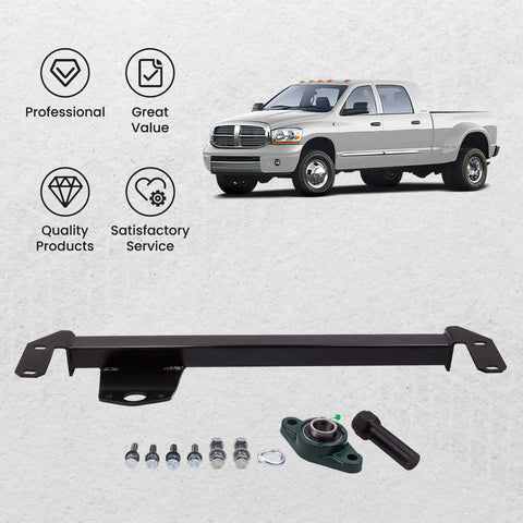 Steering Box Brace for 2003-2008 Dodge Ram 2500 3500 4WD shown with components and truck