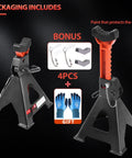 Pair of 3-ton jack stands with red tops, black bases; includes rubber pads and bonus gloves; adjustable 11.22–16.54 in.
