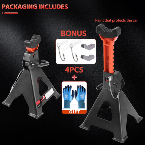 Pair of 3-ton jack stands with red tops, black bases; includes rubber pads and bonus gloves; adjustable 11.22–16.54 in.