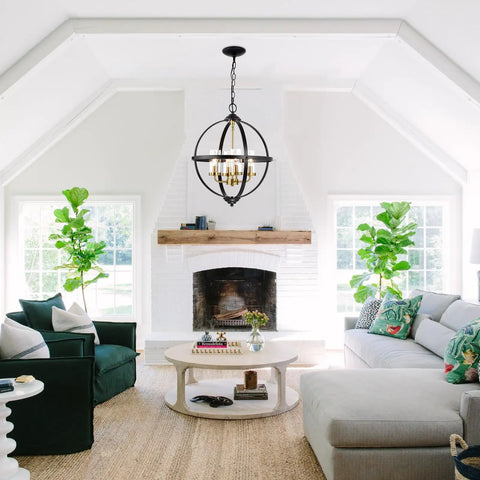 Rustic Black And Gold Finish Four Light Globe Pendant Chandelier With Glass Covers Vintage Hanging Ceiling Light in living room