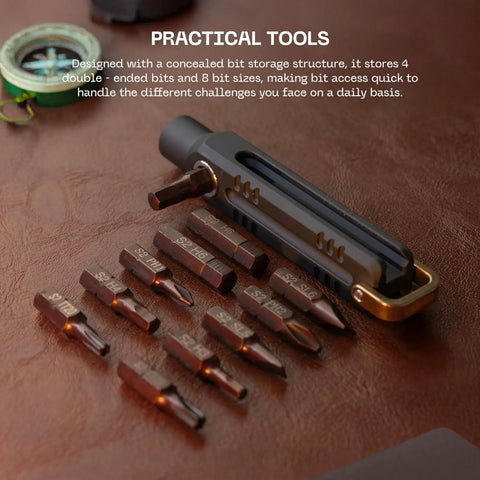EDC Magnetic Mini Screwdriver Set With 10 S2 Steel Bits And Portable Aluminum Handle displayed on a table