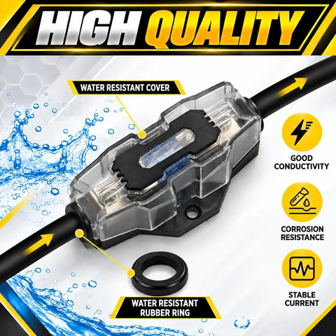 Heavy Duty 60 Amp Mini ANL Fuse Holder With 0 2 And 4 Gauge Wire Setup Including Badass Overload Protection And No Sweat Clear Shield for secure wiring.