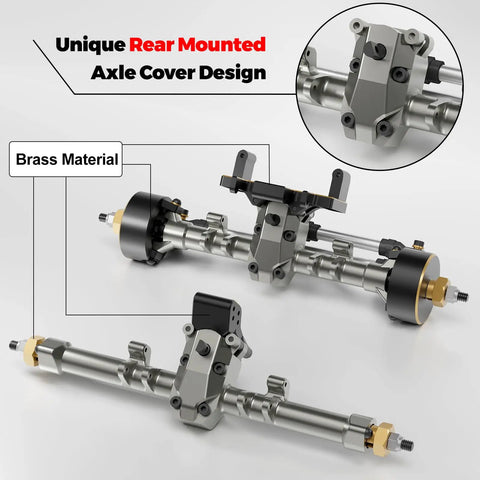 1/24 Scale Beefed-Up Extended Axle Set With 5mm Gain, 50 Degree Steering, Brass Knuckles, Truss, And Servo Mount For Axial SCX24 Deadbolt C10 JLU Gladiator Bronco RC Crawler Retro Titanium displayed with brass and titanium materials