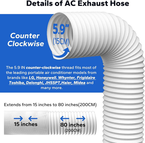 Flexible AC Exhaust Hose For Portable Air Conditioners, 5.9 Inch Diameter, Extendable Up To Eighty Inches, Counterclockwise Connection