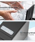 Slick Countertop Nugget Ice Maker With Self Dispensing Tray Drops Thirty Three Pounds Of Fresh Chewy Ice Daily Ready In Ten Minutes showing removable water tank and ice viewing window.