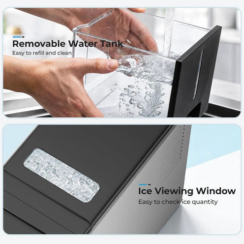 Slick Countertop Nugget Ice Maker With Self Dispensing Tray Drops Thirty Three Pounds Of Fresh Chewy Ice Daily Ready In Ten Minutes showing removable water tank and ice viewing window.