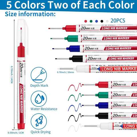 20 Pack Long Head Deep Hole Markers With 20mm Nibs Waterproof Permanent Metal Markers For Construction And Carpentry 5 Color Set