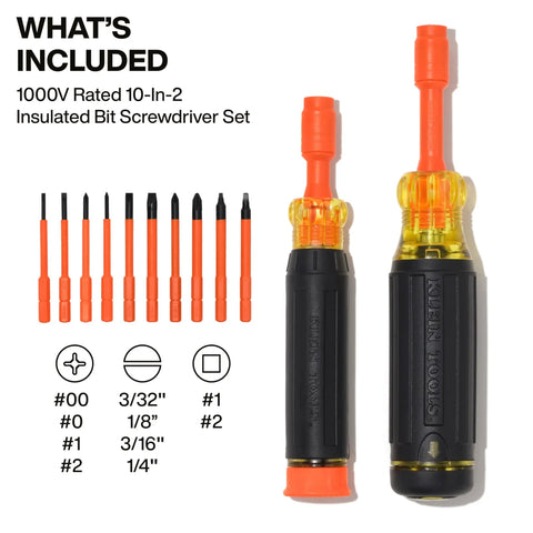 Insulated 10 In 2 Multi Bit Screwdriver Set With Auto Locking Collar 1000V Rated In Handle Bit Storage Includes Phillips 00 0 1 2