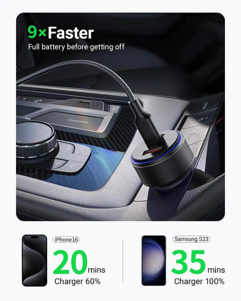 90W Triple Port Car Charger With USB C And A Fast Charge Adapter PD QC Super Speedy Juice Up For iPhone 16 15 Pro Max iPad Macbook Essential Road Trip Gear in car console with USB cable
