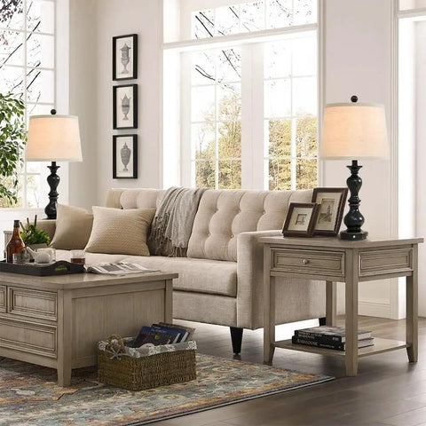 Living room with Get These Awesome 26 Inch Tall Rustic Black Farmhouse Table Lamps Set Of Two With Handy Usb Ports Perfect For Bedroom Living Room Study Office Adding Super Warm Cozy Vintage Charm To Your Home, beige sofa, wooden tables.