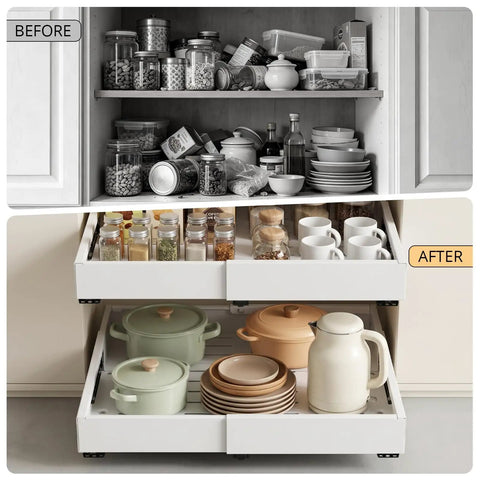 Before and after image showing Two Pack Slide Out Cabinet Organizers With Adjustable Width And Depth For Kitchen Storage Smooth Glide Heavy Duty Drawer Pulls Zero Drama Maximize Your Space Straight Up.