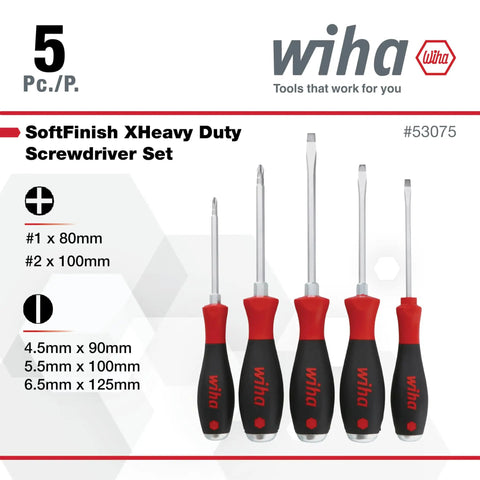 Extra Heavy Duty Slotted and Phillips Screwdriver Set, Five-Piece With SoftFinish Cushioned Grips, Blade Molded to Handle