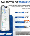 Image of a phone displaying tracking options and pricing for Dead Simple 4G OBD GPS Tracker Featuring Real Time Location Monitoring And Built In Backup Battery For Cars Trucks Vans RV And Motorcycle No Hassle Plug In Setup.