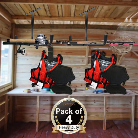 Overhead Garage Storage 4 Pack Hooks Set organizing fishing gear and life jackets in wooden workshop, heavy duty ceiling mount