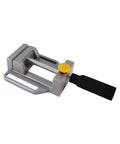 Heavy Duty Adjustable Aluminum Drill Press Base With Tough As Nails Bench Clamp Conversion Kit For Electric Hand Drills Rotary Workstation Stand Zero Stress Setup showing a stout clamp with yellow knob.
