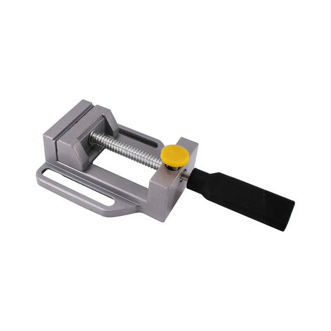 Heavy Duty Adjustable Aluminum Drill Press Base With Tough As Nails Bench Clamp Conversion Kit For Electric Hand Drills Rotary Workstation Stand Zero Stress Setup showing a stout clamp with yellow knob.