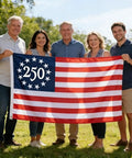 All American 250th Anniversary Betsy Ross 3x5 US Flag For Outdoor Use, Heavy Duty Nylon With Sewn Stripes, Embroidered 250 Center, 13-Star Circular Design, Patriotic 1776 2026 Celebration Flag held outdoors by five people