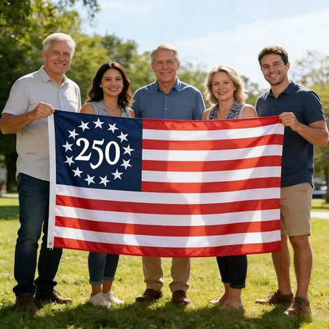 All American 250th Anniversary Betsy Ross 3x5 US Flag For Outdoor Use, Heavy Duty Nylon With Sewn Stripes, Embroidered 250 Center, 13-Star Circular Design, Patriotic 1776 2026 Celebration Flag held outdoors by five people