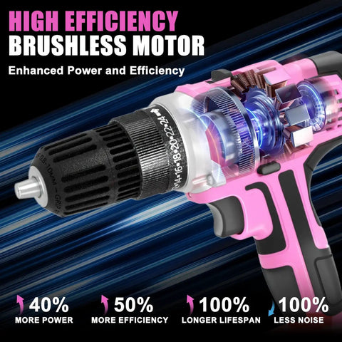 High efficiency brushless motor of 20V Cordless Drill Kit With 2 Batteries, Charger, 3/8 Inch Keyless Chuck, 24 Plus 1 Torque Settings.