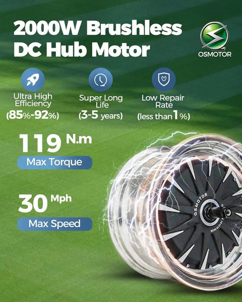 2000W Brushless DC Hub Motor specifications on grass, highlighting max torque and speed for Heavy Duty Hill Crushing Electric Golf Cart For Adults With 2000W Brushless Motor And 60V Battery Extended Range Ample Golf Bag Storage Beefy All Terrain Tires No Sweat Fairway Cruising.