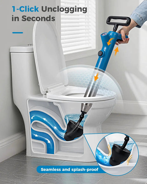 Heavy Duty Air Toilet Plunger And Drain Auger Featuring A Smart Real Time Pressure Gauge For Nailing Sticky Blockages Fast And Slashing Your Weekly Plumbing Costs Today in action removing a clog from a toilet.
