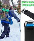 Person hiking in snow with backpack and Insulated Hydration Bladder Bag for Outdoor Adventures Keeps Water Cold Longer.