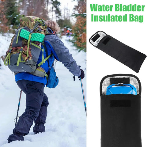 Person hiking in snow with backpack and Insulated Hydration Bladder Bag for Outdoor Adventures Keeps Water Cold Longer.