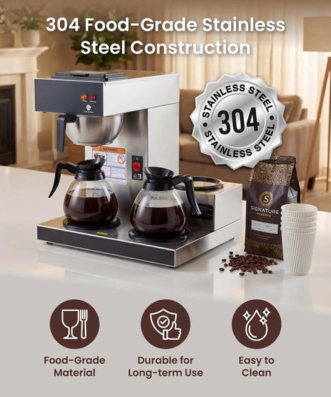 Heavy Duty 12 Cup Pour Over Coffee Maker With Three Lower Warmers Stainless Steel Commercial Brewer For Offices And Cafes Plug And Play Operation Glass Carafe Not Included displayed on counter with coffee pots