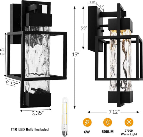 Image showing dimensions of Dusk To Dawn Outdoor Wall Light With Bubble Glass 15 Inch Exterior Sconce, bulb included.