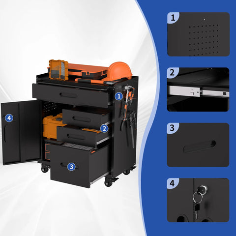 Garage Workhorse Heavy Duty Steel Tool Cabinet With Pegboard Wall And Lockable Drawers For Easy Rolling Shop Gear Organization Setup In Gloss Black with tools and drawers visible.