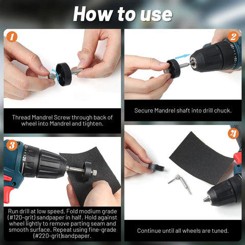 Step-by-step guide using Wheel Turning Mandrel Tool For Pinewood Derby Cars With 20 Sandpaper Sheets In 120 And 220 Grit